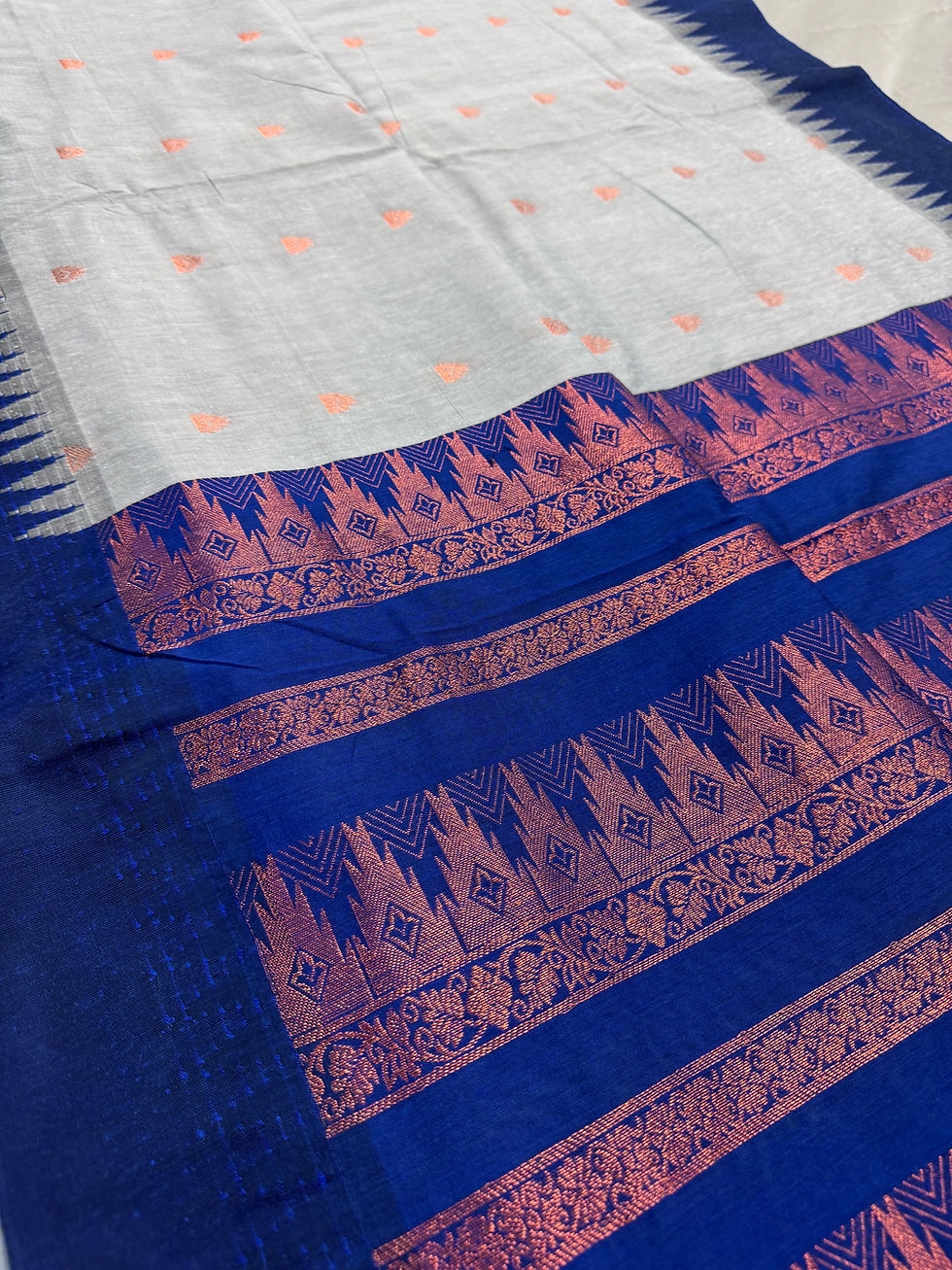 Gray and blue blended cotton saree with copper temple border and matching blouse piece.