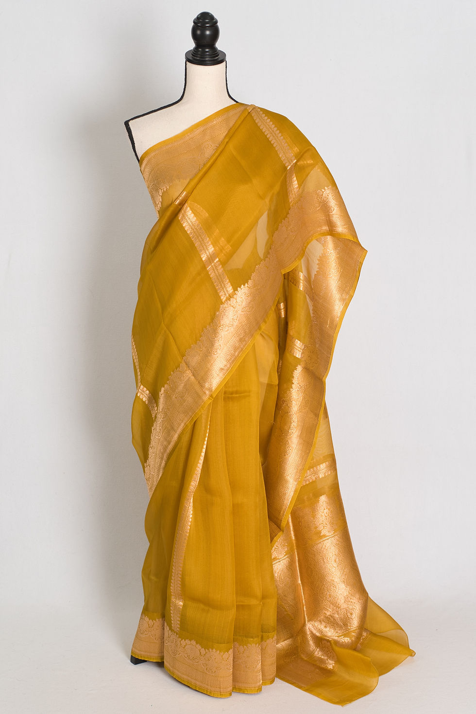 Golden Yellow Kora Organza Banarasi Saree with Gold Zari motifs