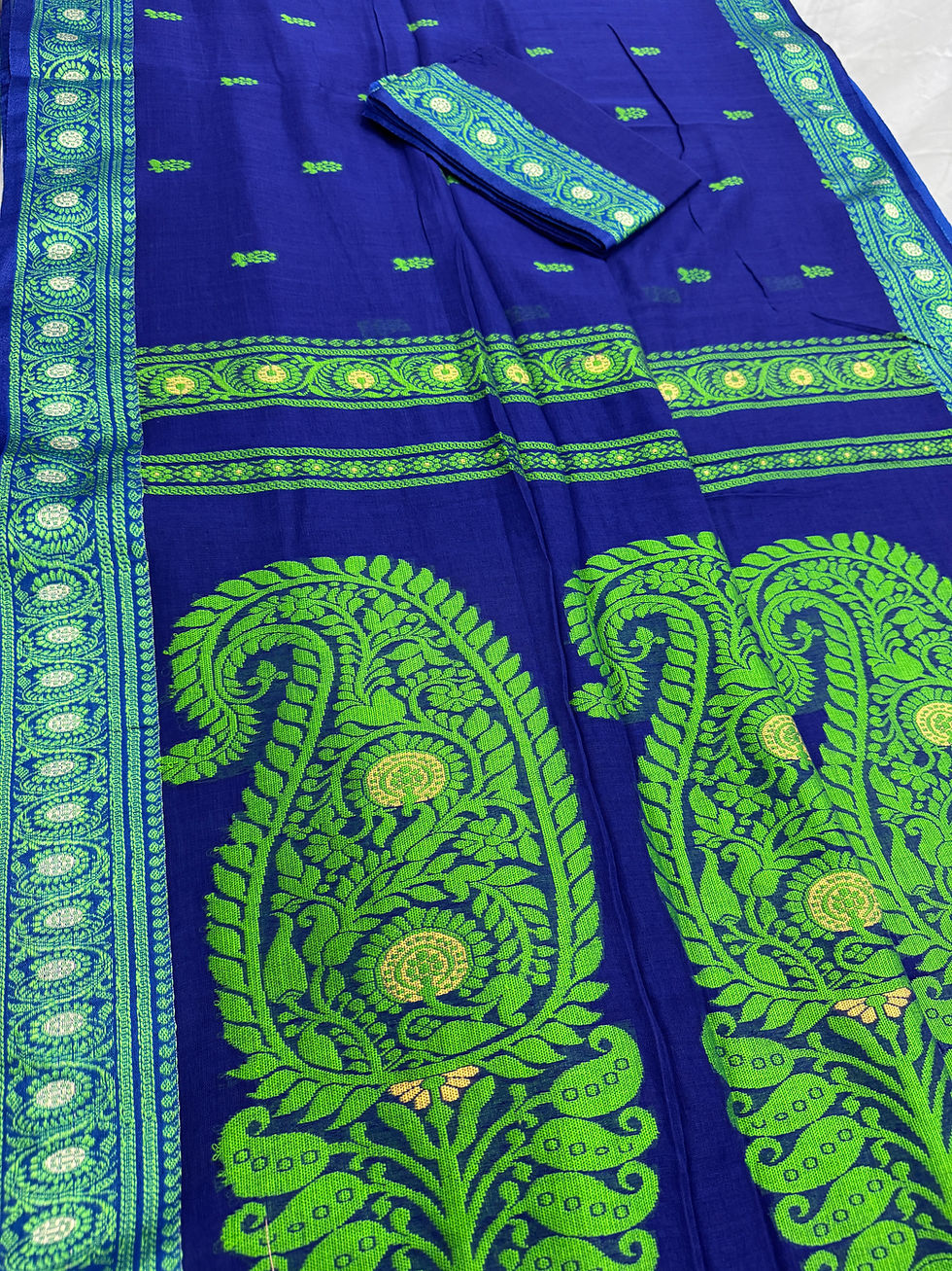 Thumbnail: Blue and parrot green Bengal handloom soft cotton Baluchari saree featuring intricate paisley pallu motifs.