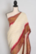 Thumbnail: Front full-length view of the cream and maroon crepe georgette Banarasi saree draped on a mannequin.