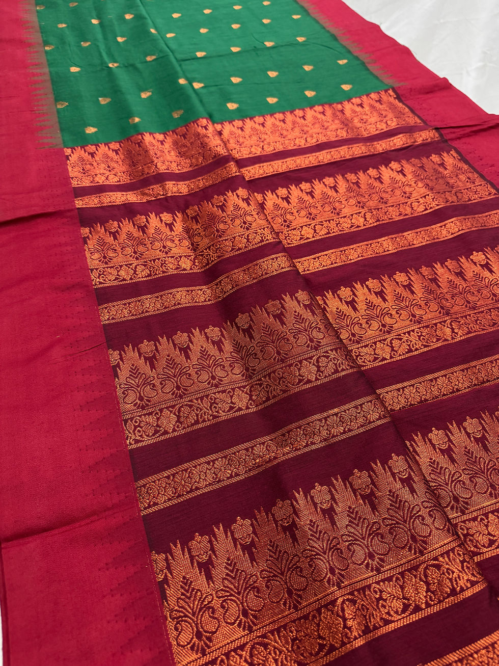 Thumbnail: Dark green and maroon blended cotton Gadwal saree featuring intricate copper zari borders.