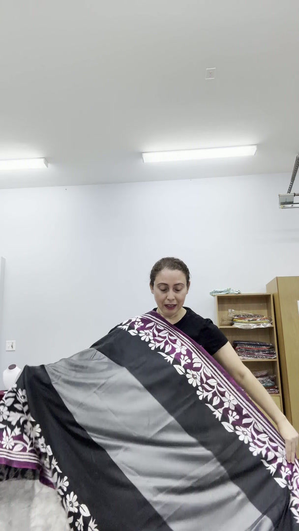 Video of Black and gray semi silk saree featuring hand-embroidered white Kantha stitch.