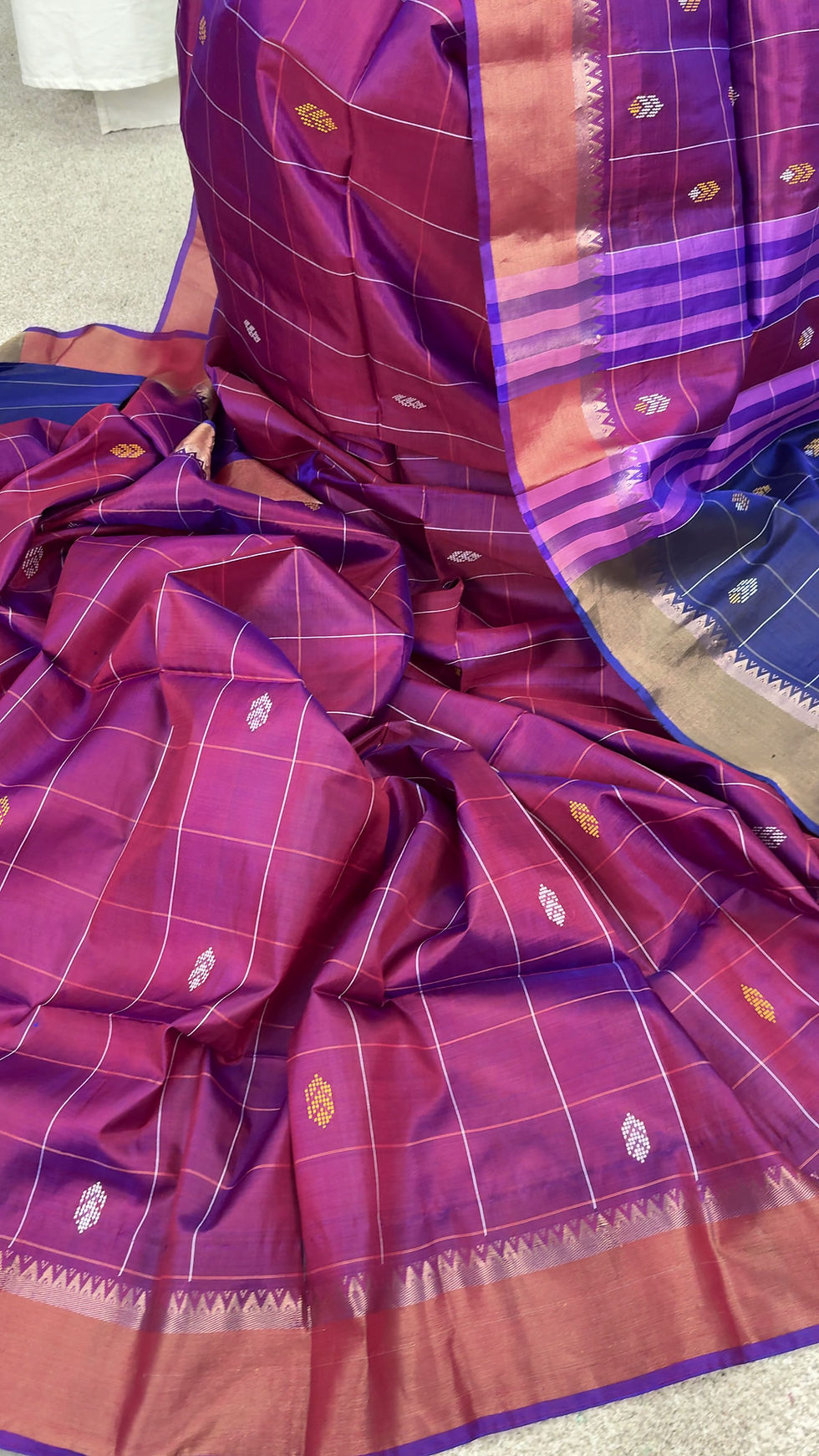Video of Purple Bishnupur katan silk checks saree; Silk Mark certified Kalakshetra handloom.