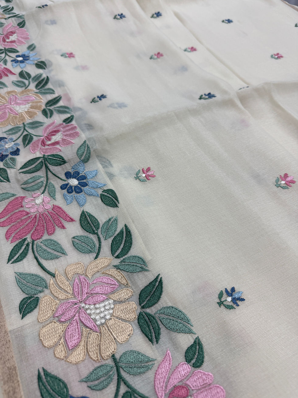 Thumbnail: Elegant beige blended cotton saree featuring dense multi-color floral machine embroidery on the borders.