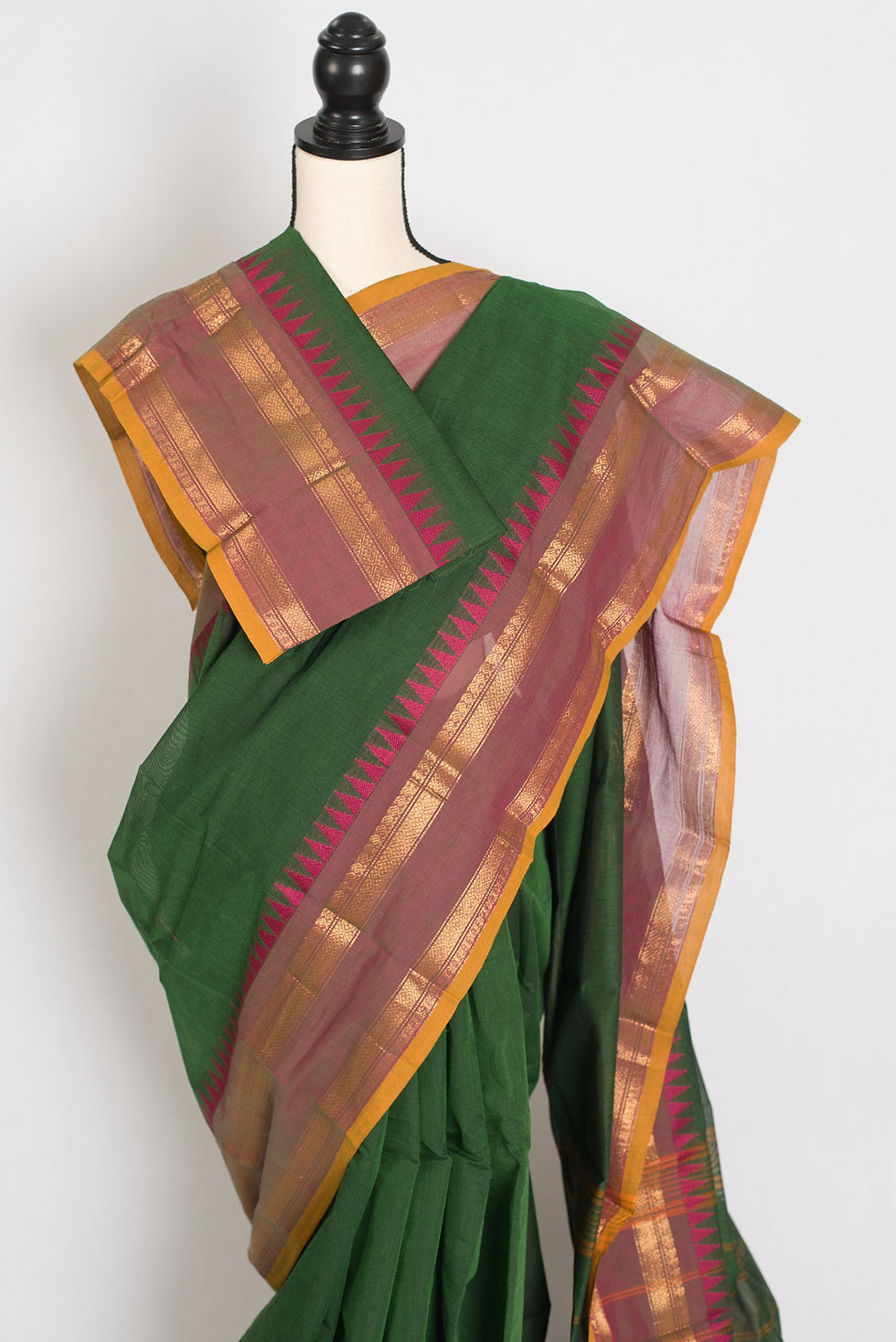Thumbnail: Janaki : Handwoven Kanchi Cotton Saree in Green and Matte Purple