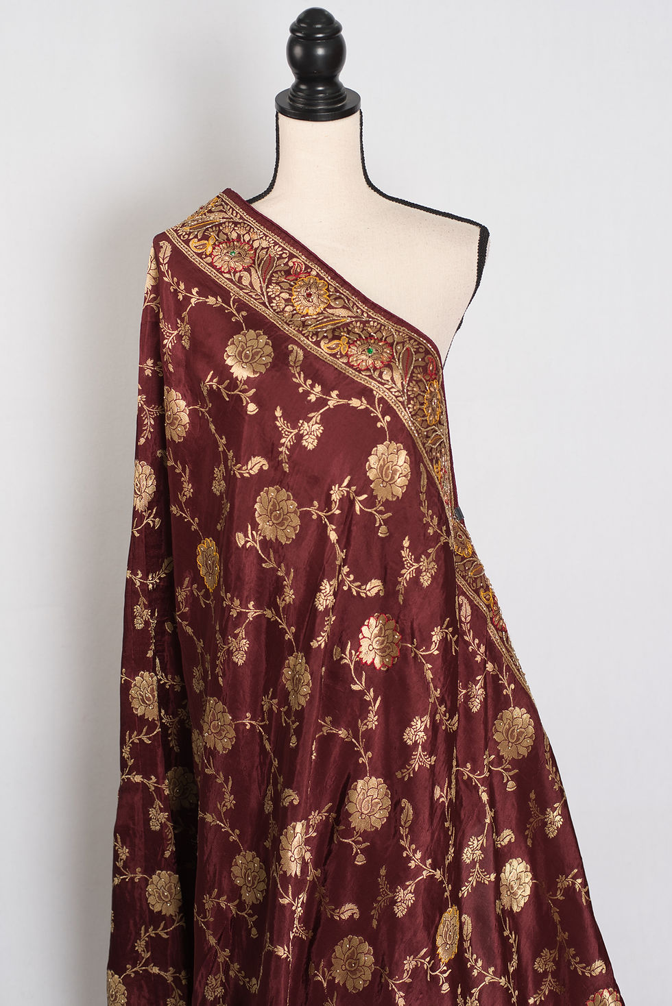 Thumbnail: coffee brown and gold dola silk banarasi saree draped on a mannequin showcasing full length front view.