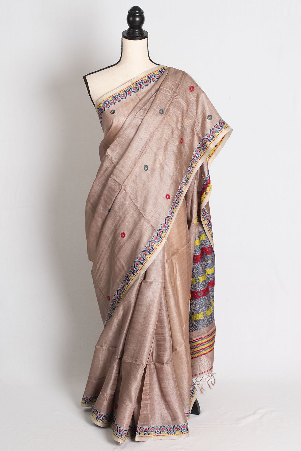 Charulata : Bengal Tussar Silk Saree in English Brown with Multicolour Buti