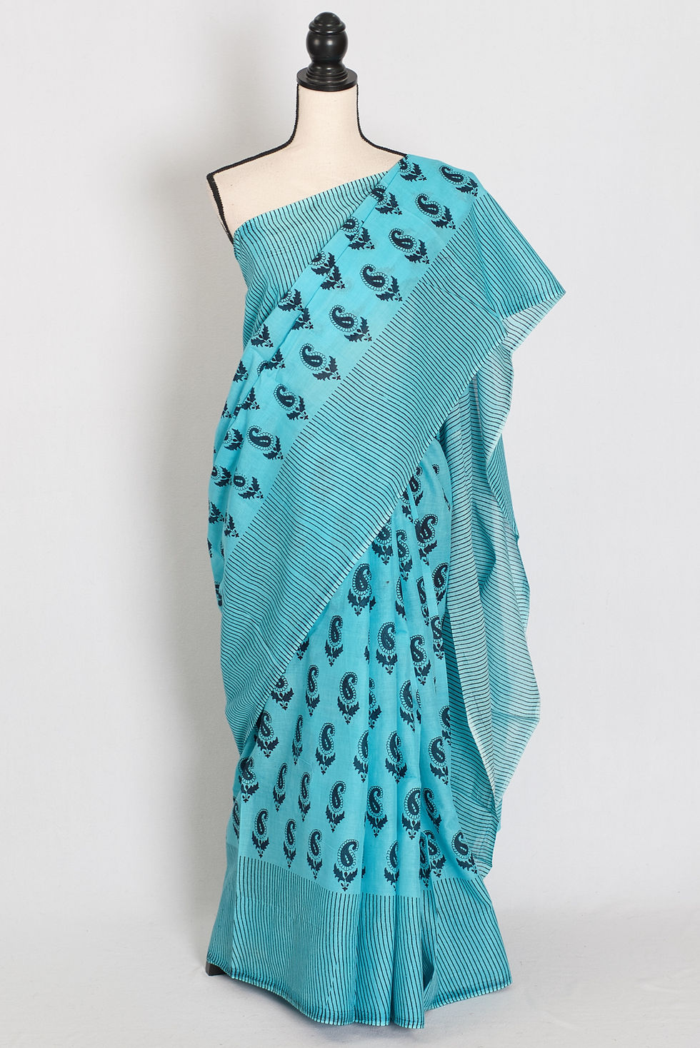 Bani sky blue and black pure mulmul cotton saree with intricate Kalamkari floral and vine prints.