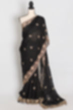 Front full-length view of the black tissue zardosi embroidery saree displayed on a mannequin.
