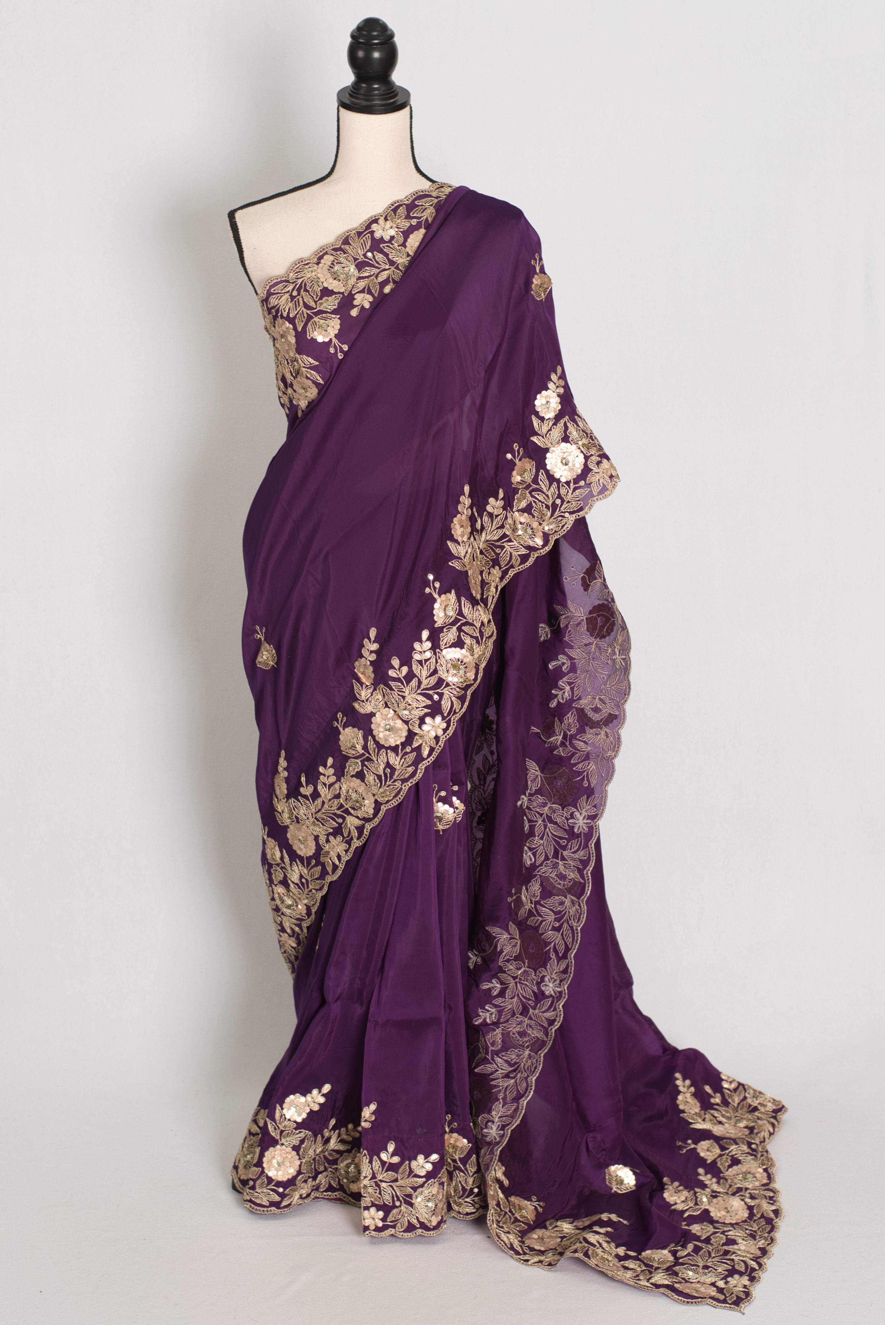 Madhuri silk organza partywear saree with gold Gota Patti and Zardosi hand-embroidery and size 42 stitched blouse.