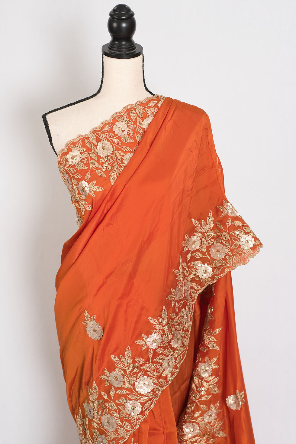 Thumbnail: Suman rusty orange soft flowy organza silk saree with gold Gota Patti hand-embroidery and size 36 stitched blouse.