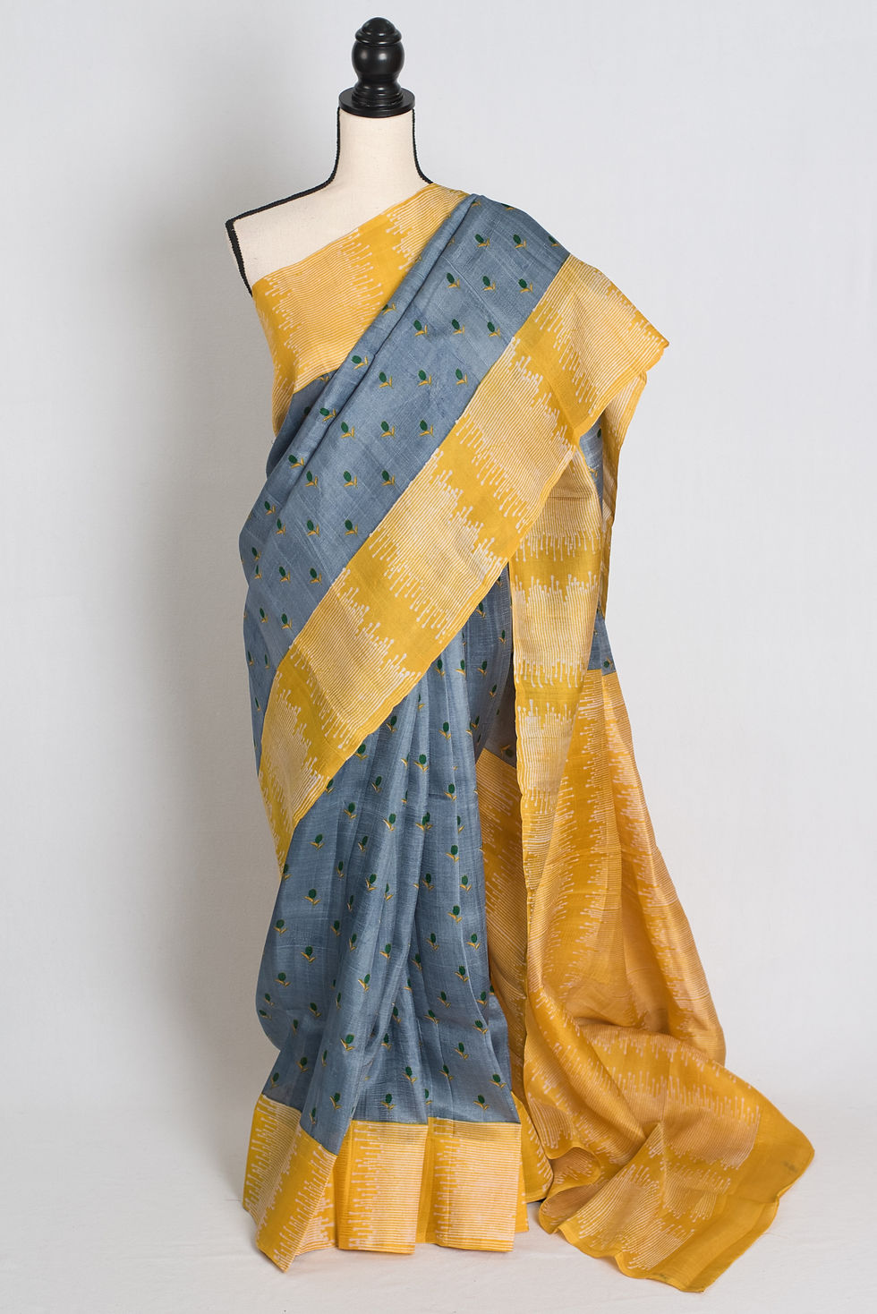 Sanj : Exclusive Hand Block Printed Bishnupur Silk Saree in Grey and Yellow