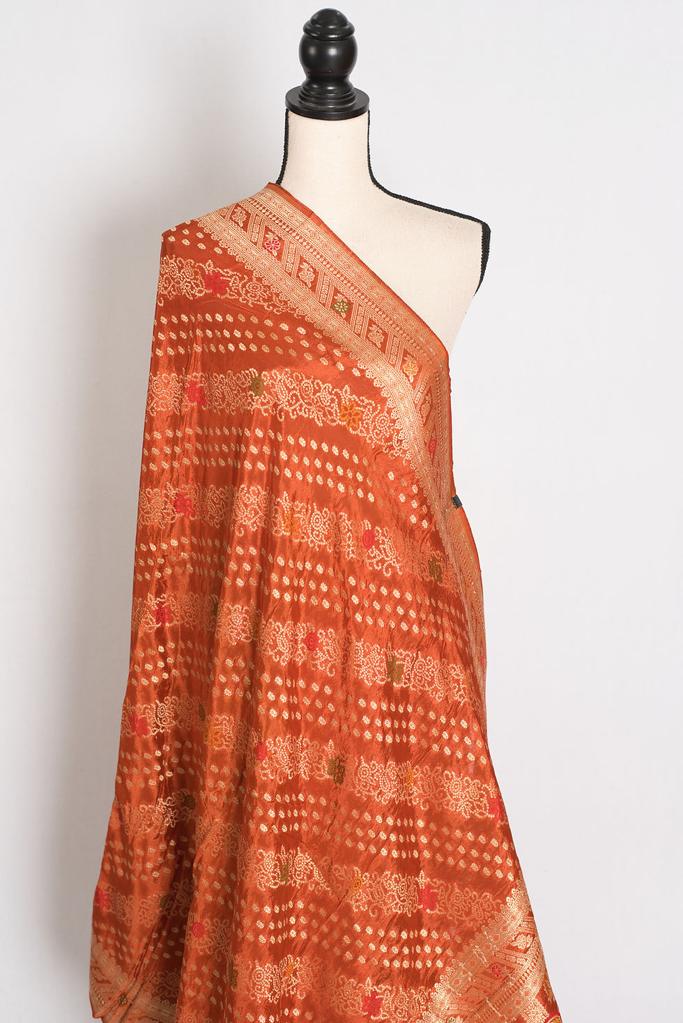Thumbnail: Rust Orange & Gold Semi Mashru Bandhani Saree