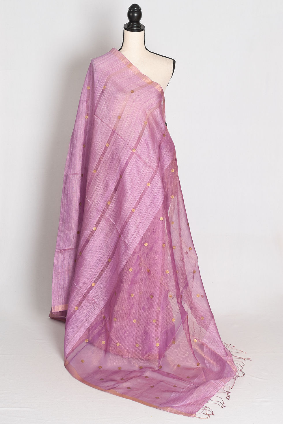 Lavender pure matka tissue Bengali handwoven saree featuring woven gold gini sequins, narrow zari border
