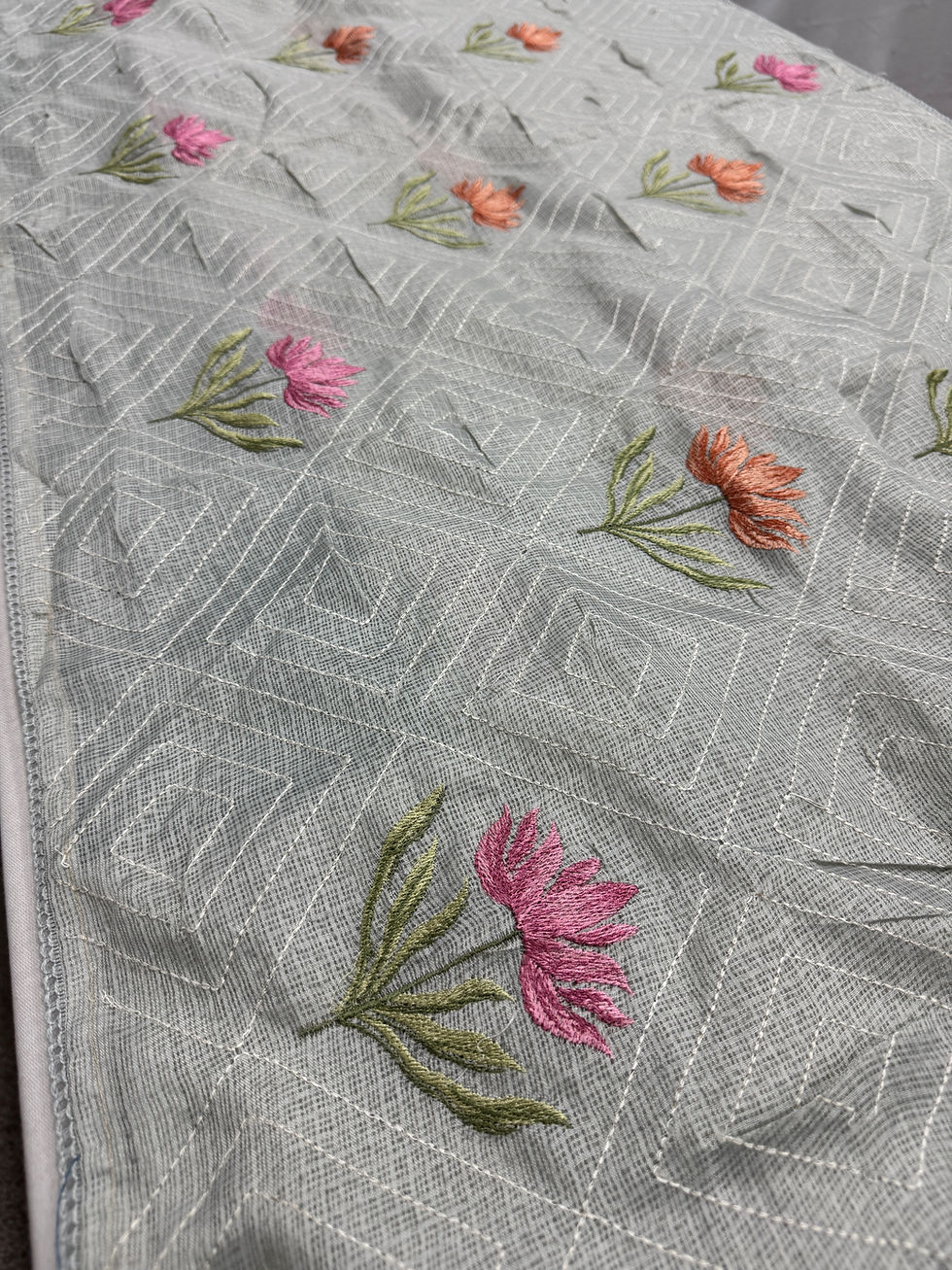 Thumbnail: Grey soft semi kota silk saree with pink and orange floral machine embroidery.