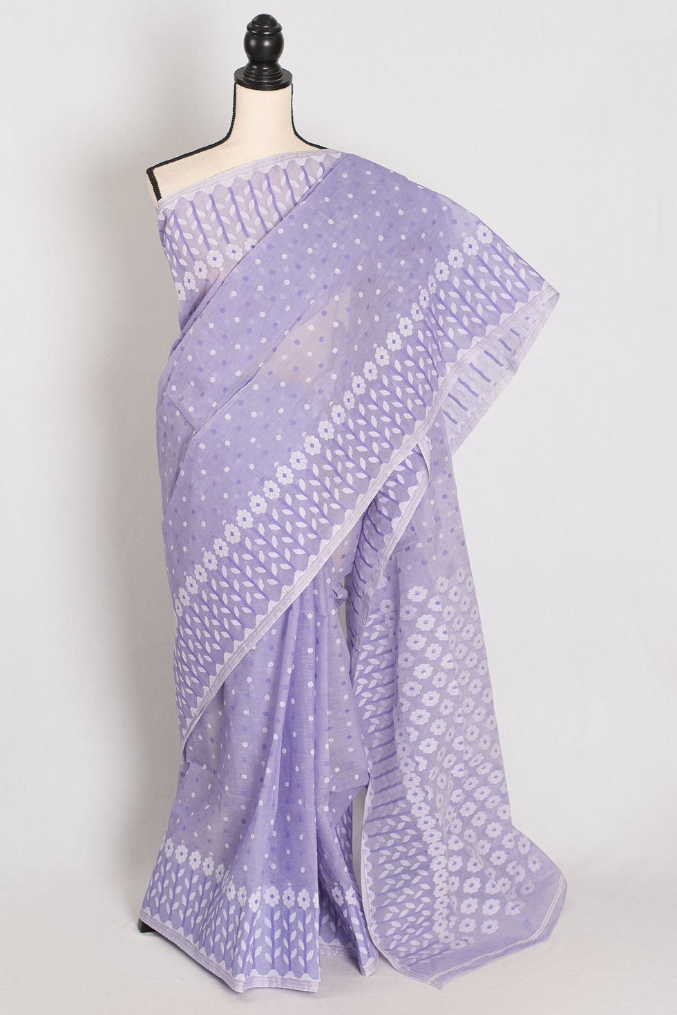 Maya Mauve and White 100% pure cotton Jamdani saree with white floral borders on a mannequin.