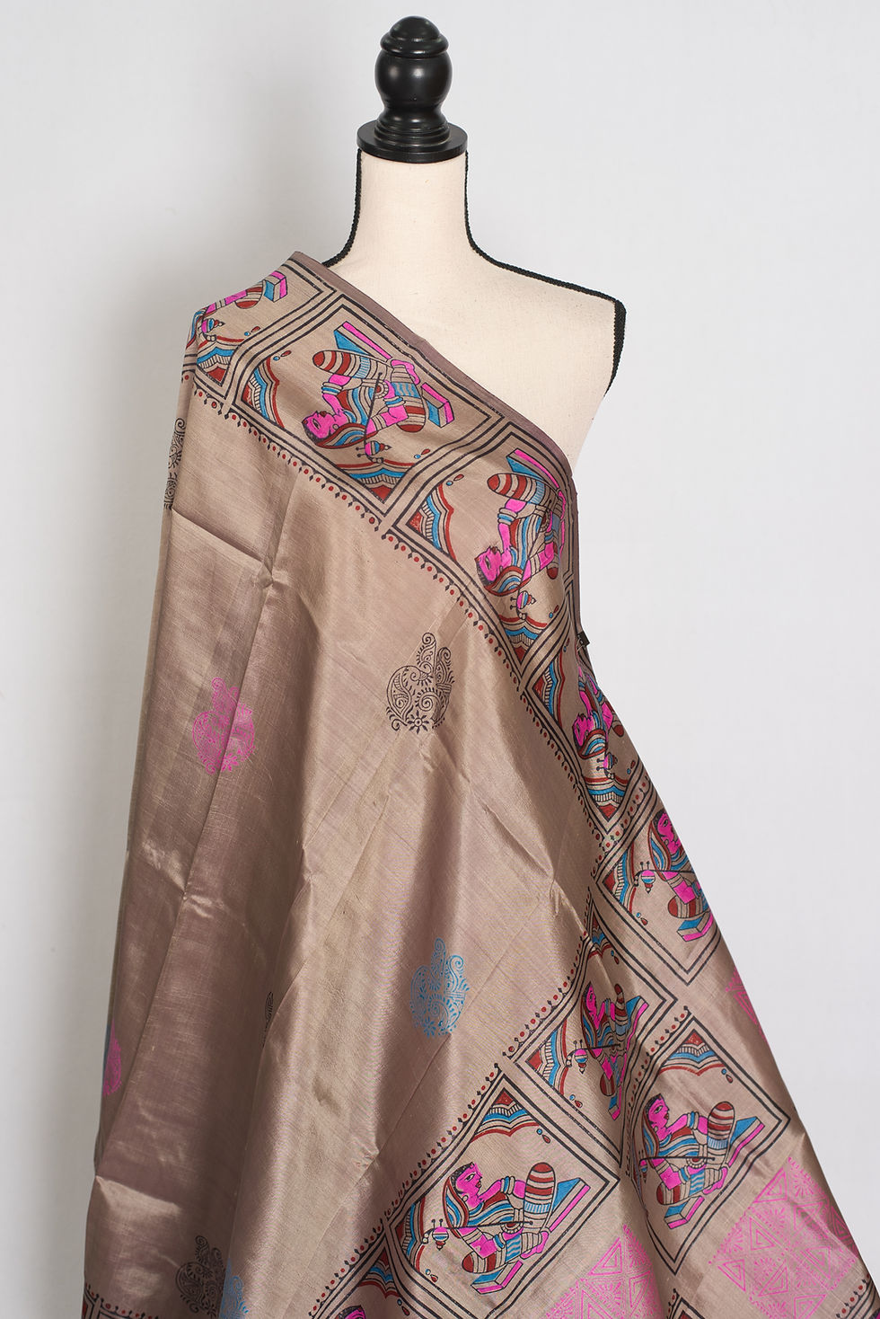 Thumbnail: Front full-length view of the ash brown pure Bishnupur silk saree draped on a mannequin