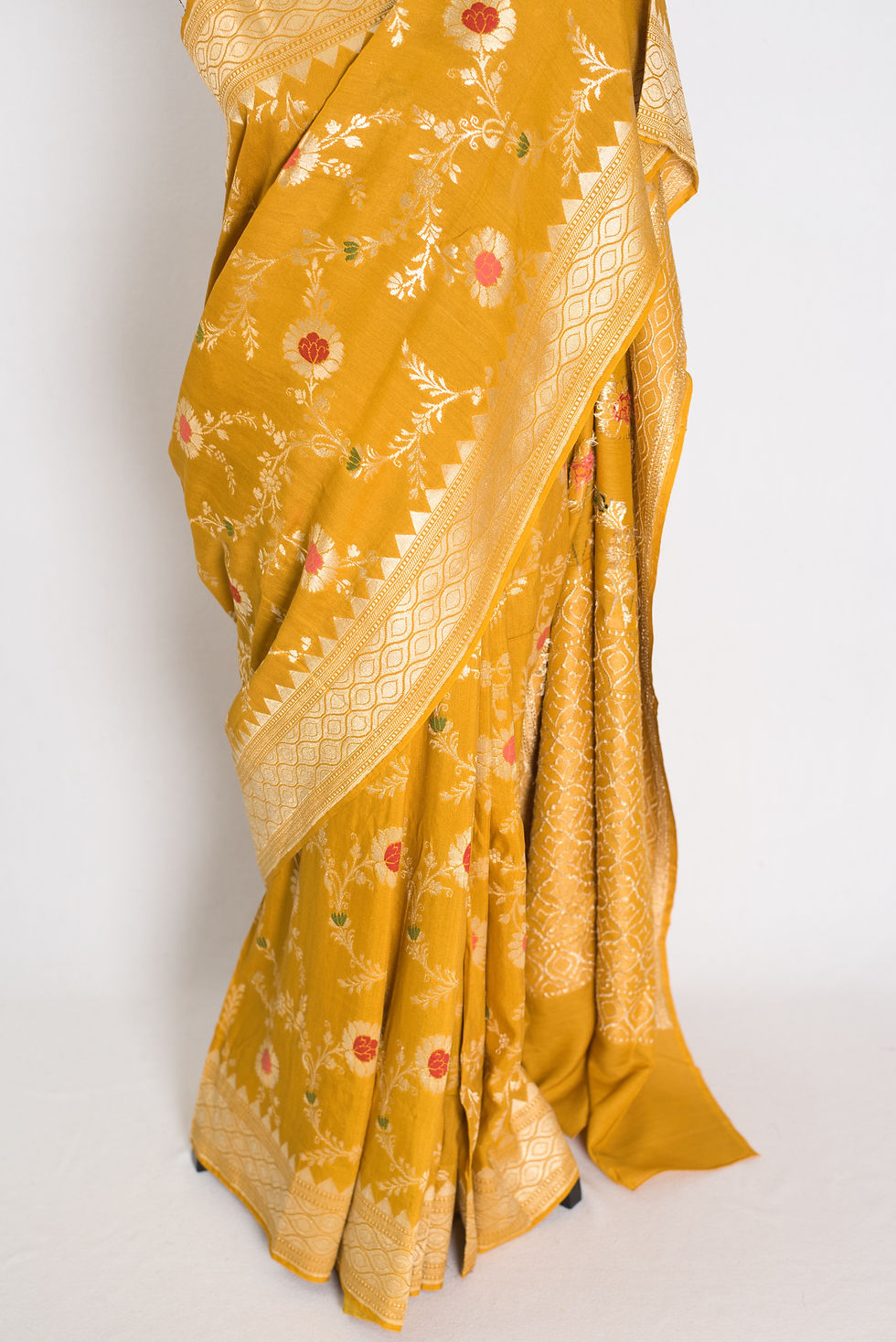 Thumbnail: Natural gold Muga Tussar Banarasi silk saree with floral weaving (Ira).