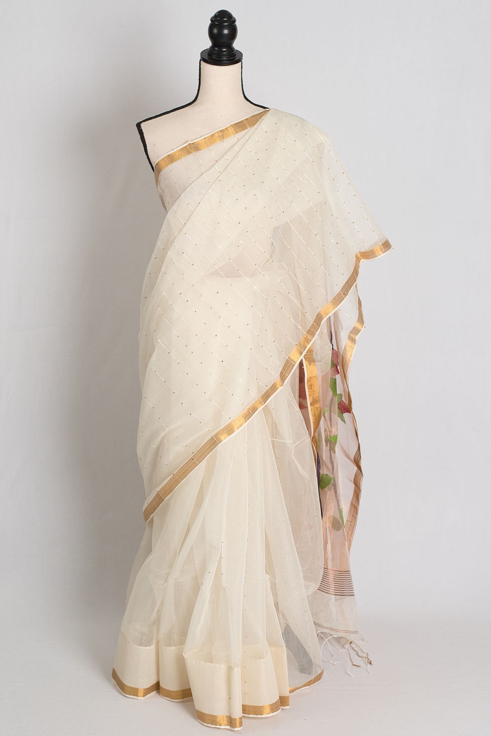Chandrika : Soft Resham Cotton Saree in Off White with Sequins and Jamdani Pallu