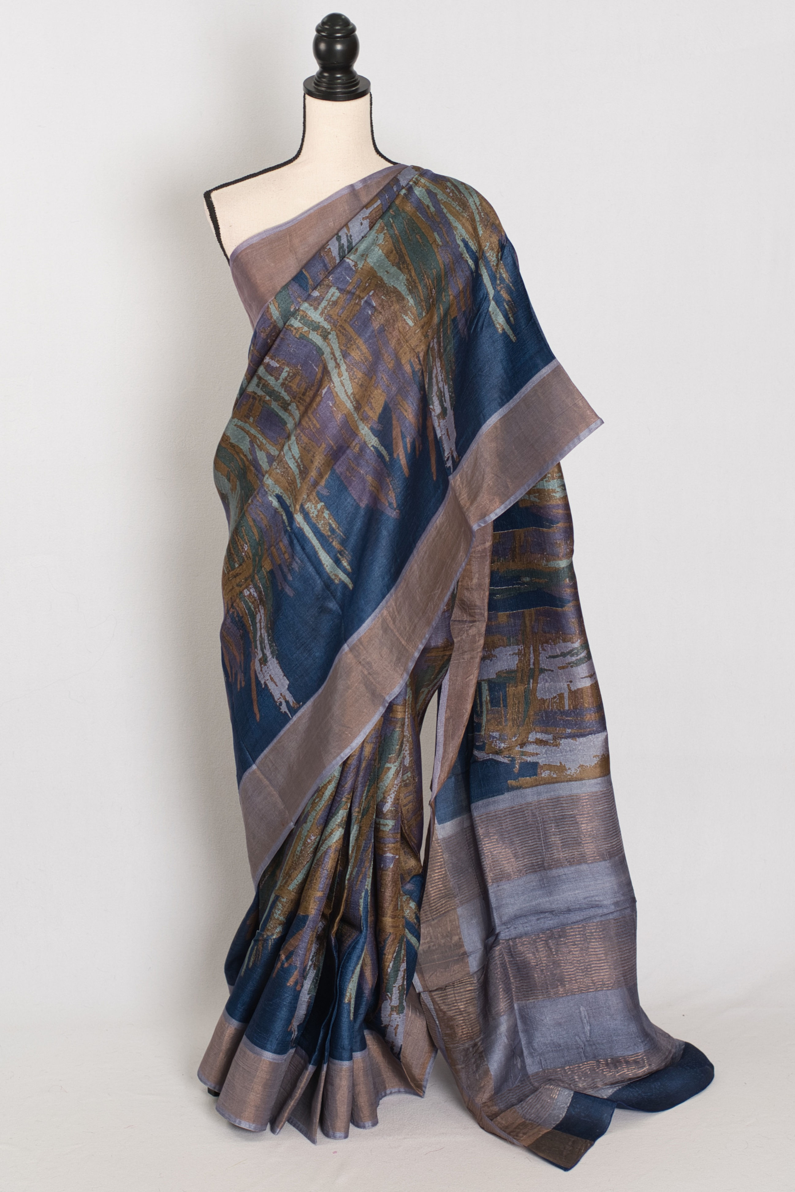 Silk Mark certified blue and grey pure Tussar silk saree with contemporary graphic abstract prints.