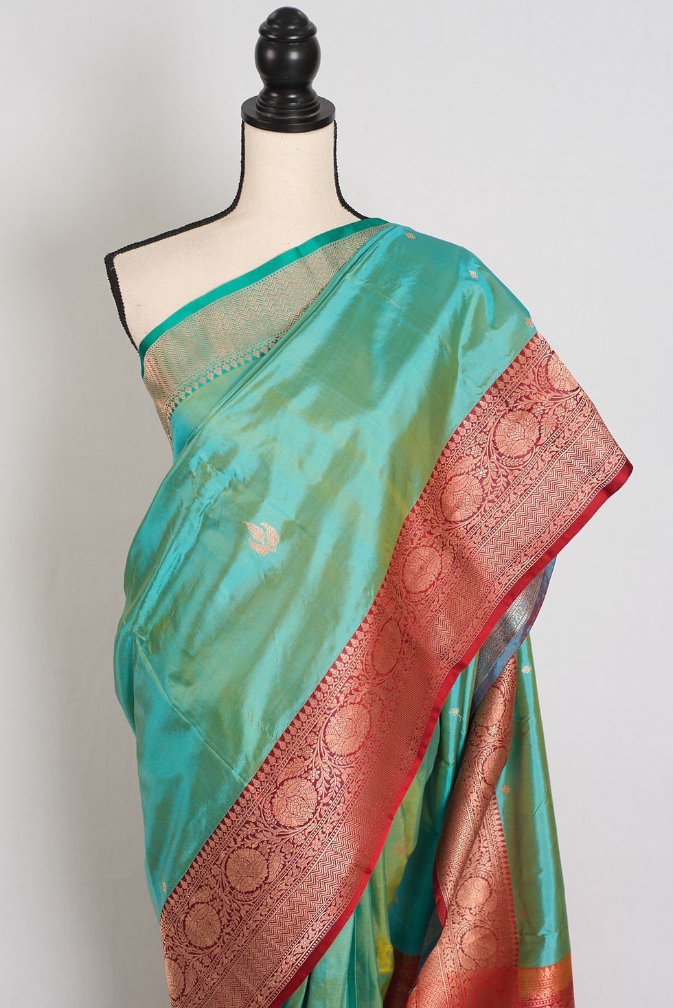 Thumbnail: Silk Mark Certified Sea Green and Red Ganga Jamuna Border Banarasi Silk Saree from the Nandini collection.