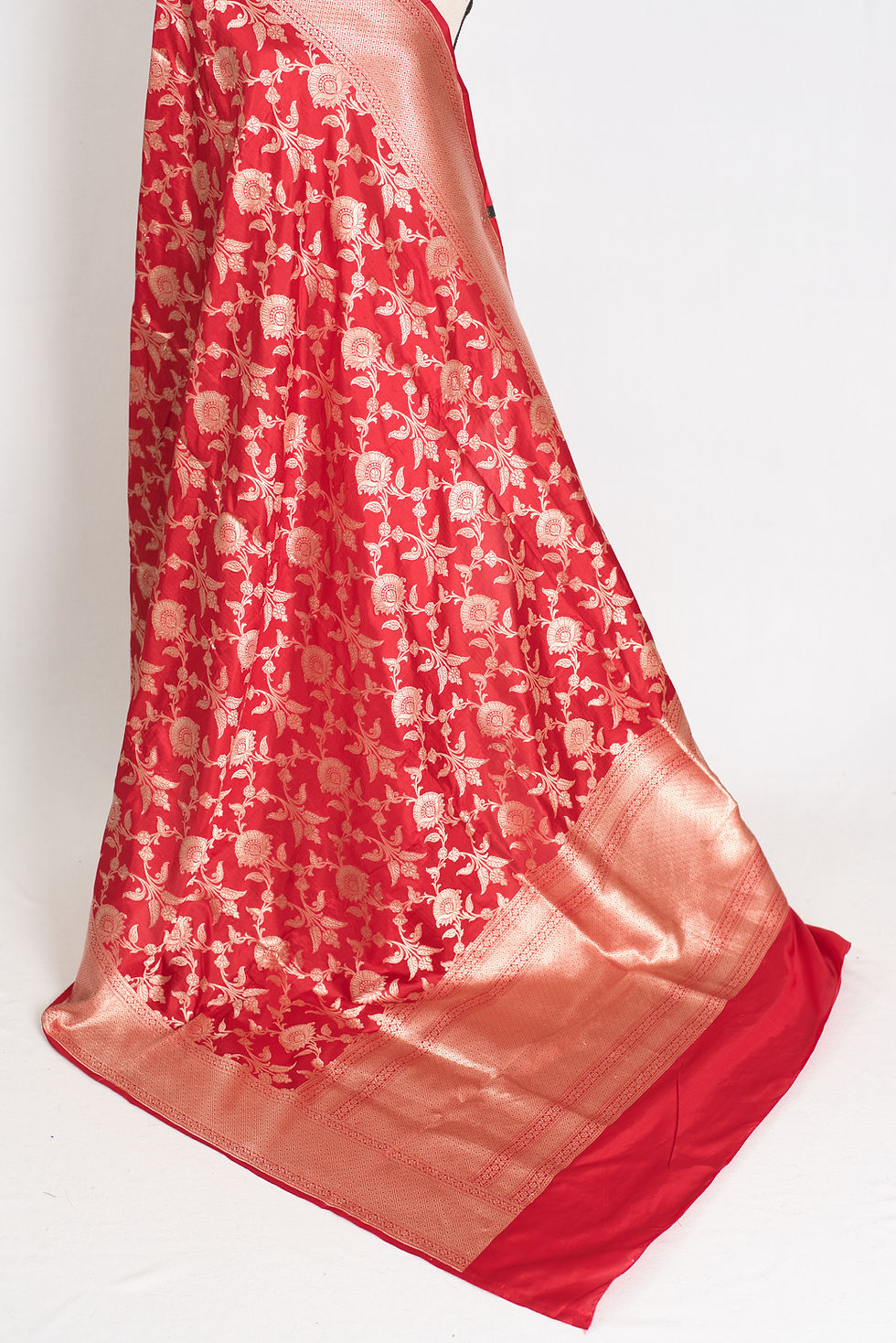 Thumbnail: Rukhmani : Silk Mark Certified Bridal Jaal Banarasi Katan Silk Saree in True Red