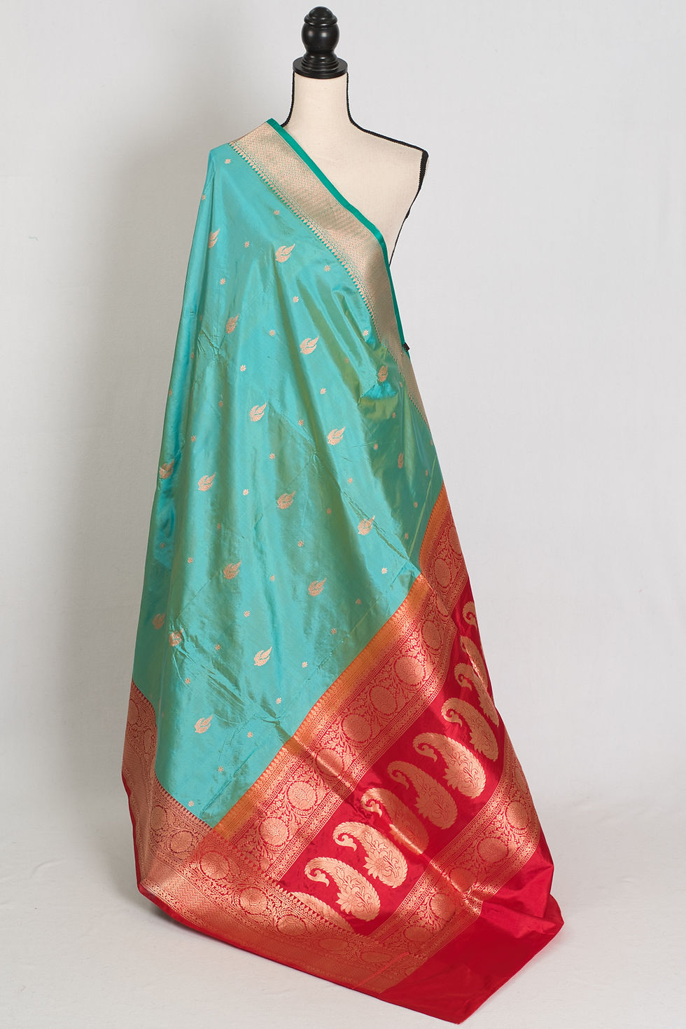 Silk Mark Certified Sea Green and Red Ganga Jamuna Border Banarasi Silk Saree from the Nandini collection.
