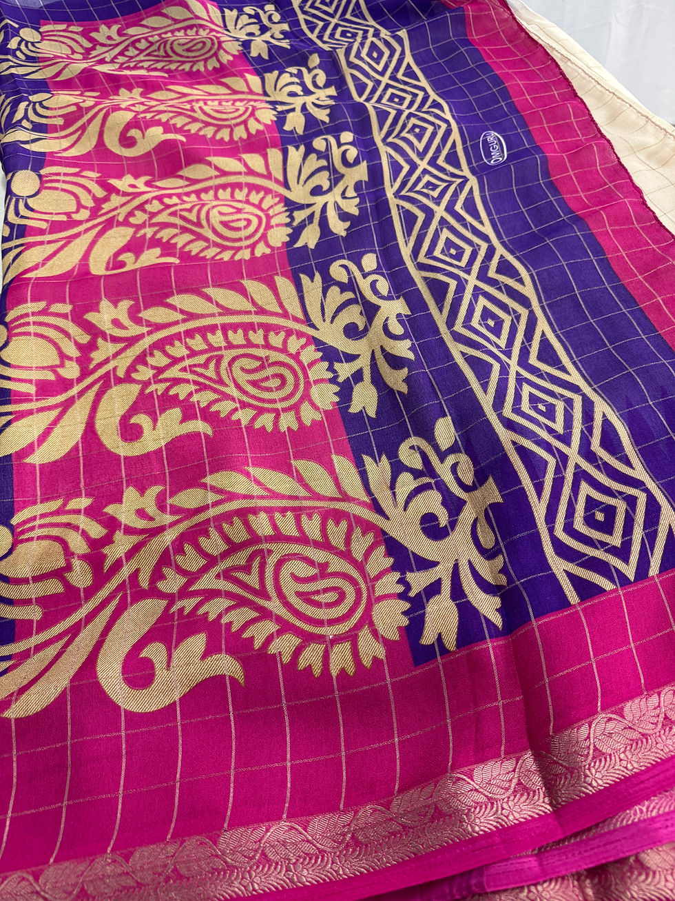 Thumbnail: Nidhi collection: Cream semi chiffon saree with a blue and pink Ganga Jamuna temple border.