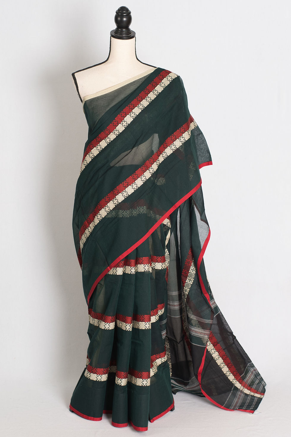 Meadow Melody Green Horizontal Stripe Bengali Soft Cotton Dhanekhali Saree - Authentic Bengal Handloom Shipped from Edison Ne