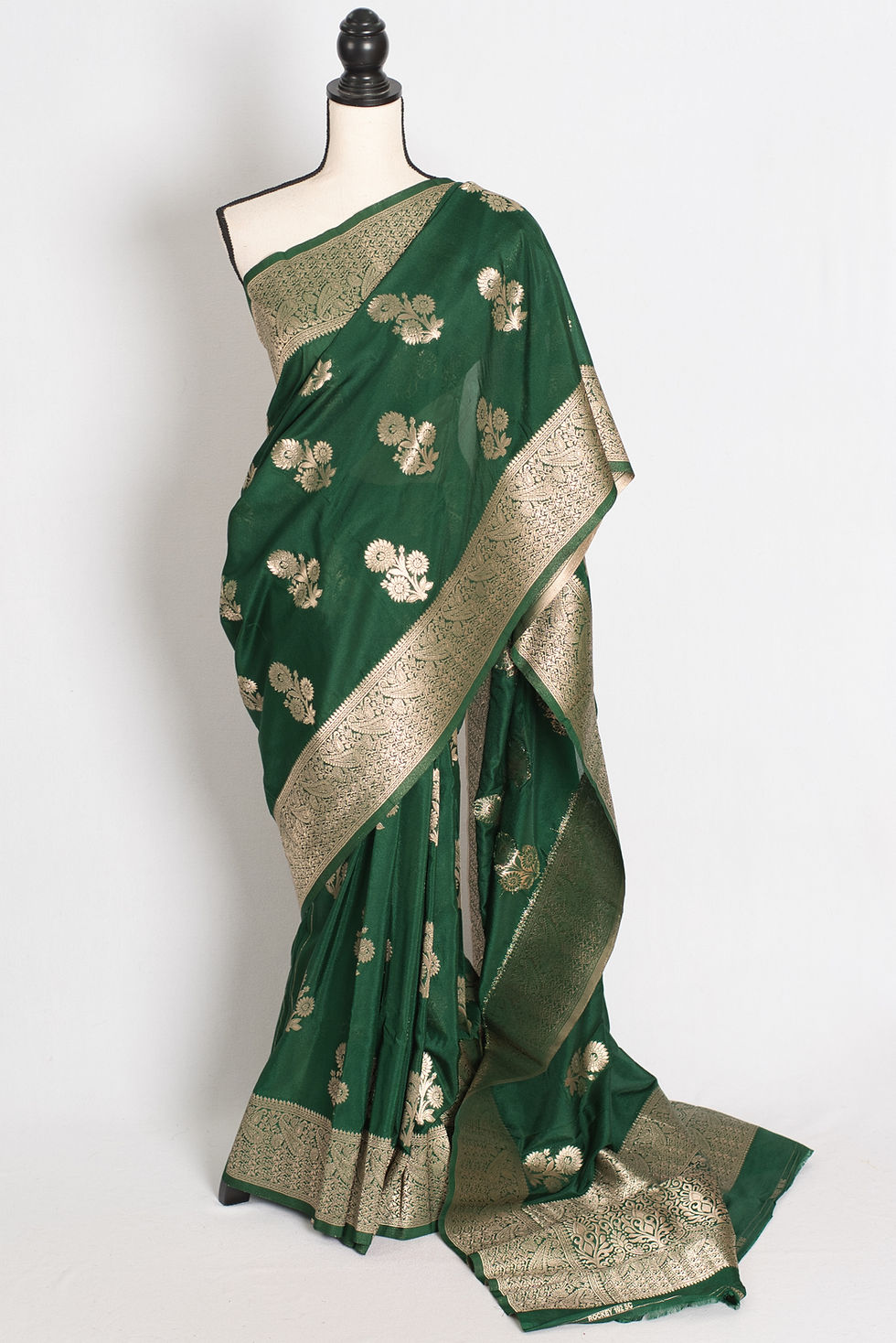 Dark Green Semi Crepe Banarasi Saree with Water Gold Zari - Bengal Looms Edison New Jersey.