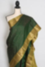 Thumbnail: Full length view of the Mytheli forest green poly silk Kanjivaram saree