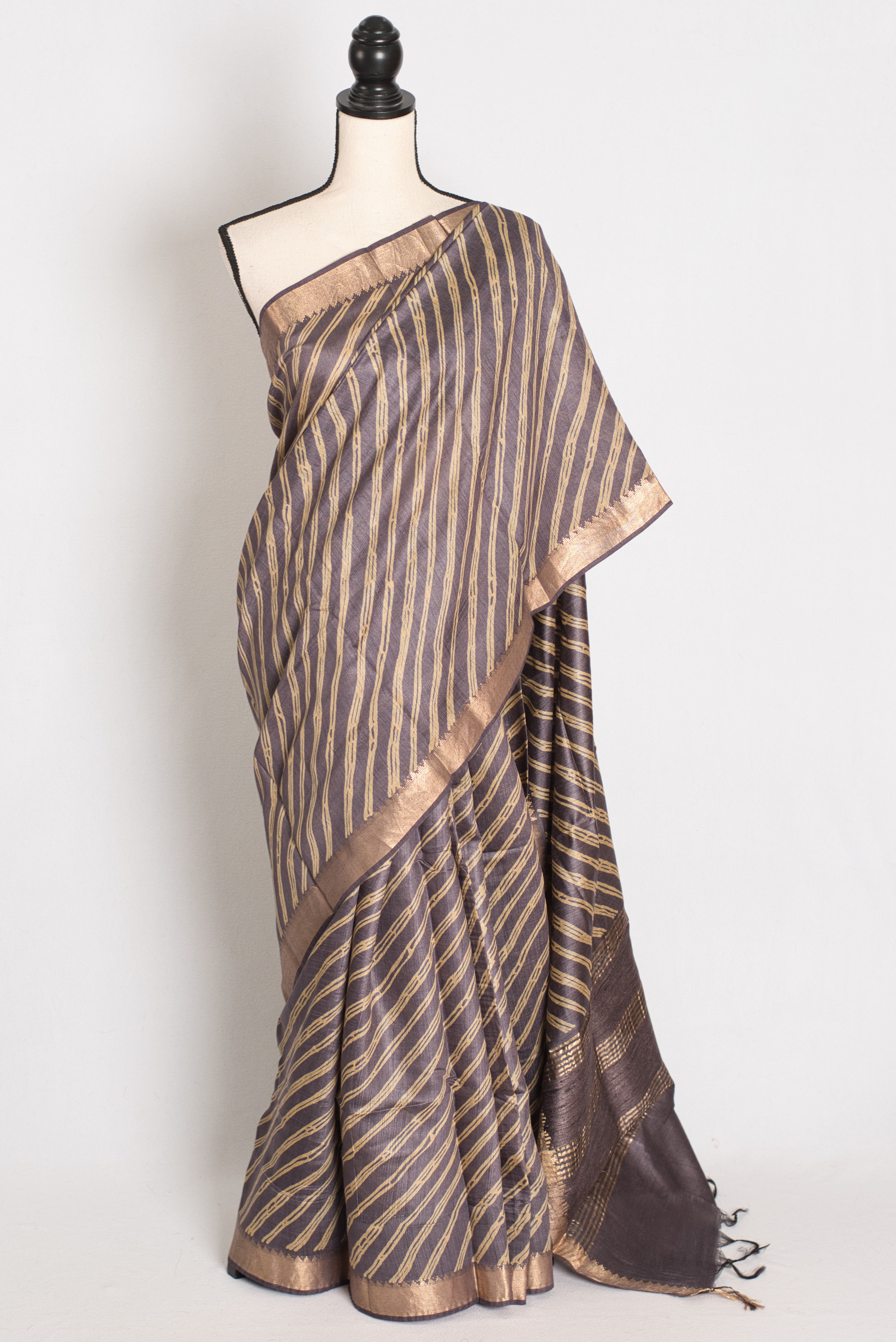 Damini-Purple-Muga-Tussar-Silk-Saree-Lateral-Stripes-Gold-Zari-Border