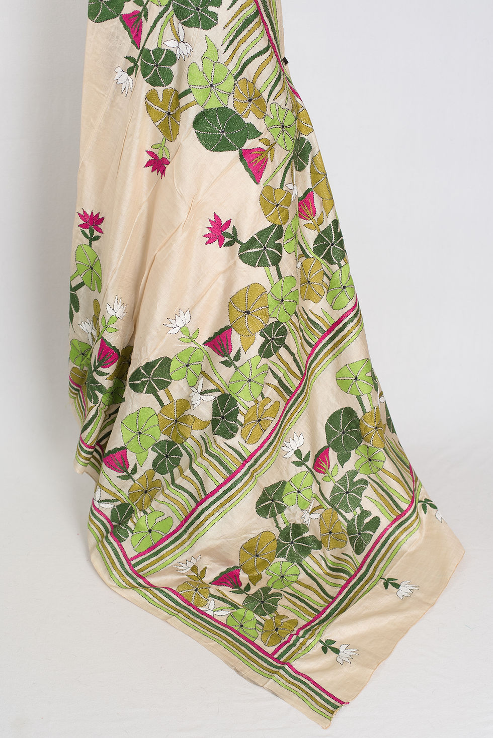 Thumbnail: Mitra hand-embroidered Kantha stitch saree on pure Tussar silk.