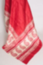 Traditional red and white Murshidabad silk saree with red hand block printed paisley and arch borders draped on a mannequin.