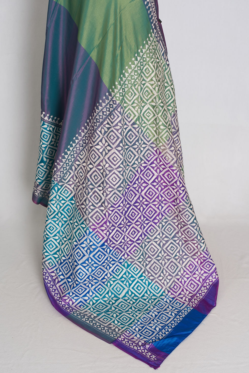 Thumbnail: Tri-color Bishnupur blended silk saree featuring hand embroidered white Kantha stitch diamond patterns.