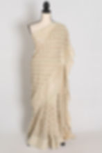 Full view of Light Sage Green Georgette Partywear Saree draped on a mannequin..