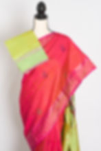Thumbnail: Peach orange & green shot color katan silk saree; Silk Mark certified Bishnupur handloom. Fast free shipping from USA.