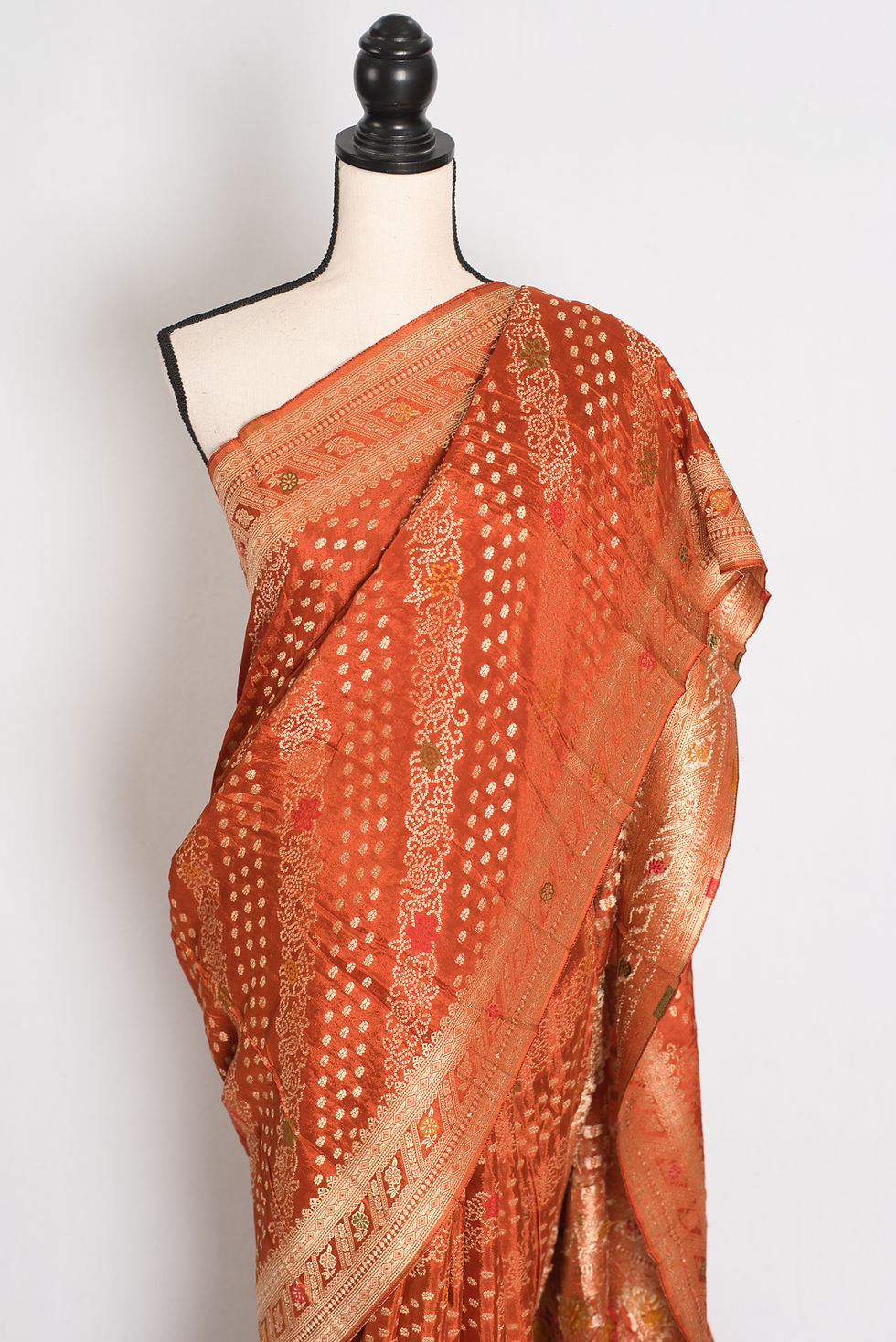 Thumbnail: Rust Orange & Gold Semi Mashru Bandhani Saree