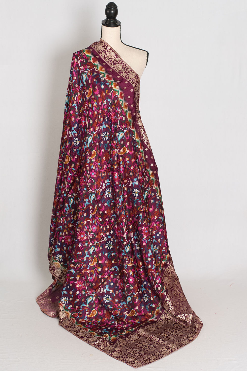 Dola Silk Banarasi dupatta in rich royal purple draped fully over a mannequin.