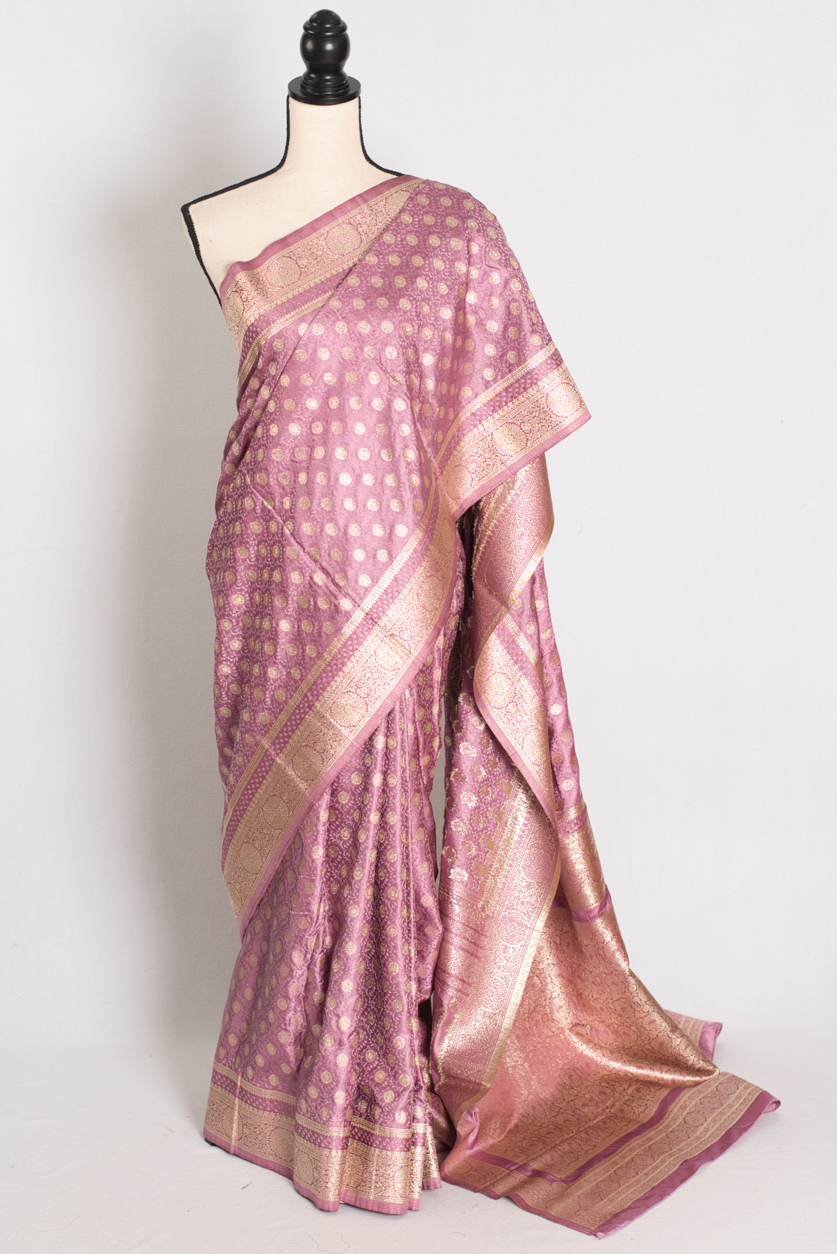 Pastel Mauve and Gold Semi Mashru Banarasi Silk Saree with Elegant Zari Weaving.