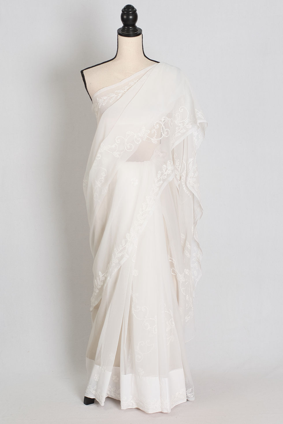 Off-white Lucknow Chikankari hand embroidery chiffon saree from Bengal Looms USA