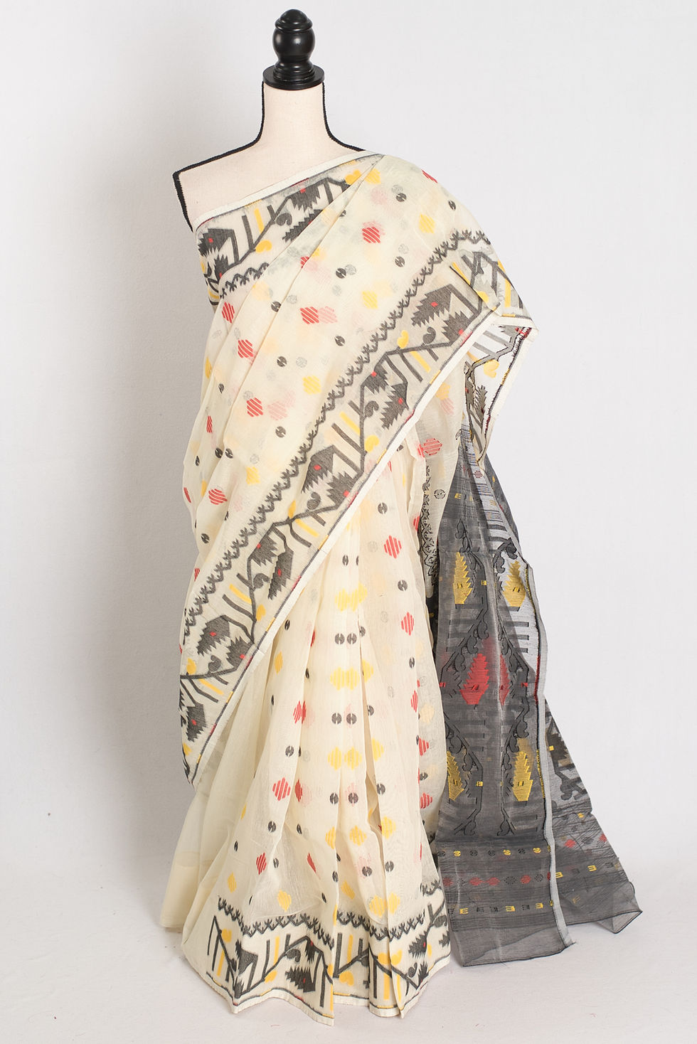 Mousumi : Cream and Black Blended Soft Cotton Jamdani Bengali Saree