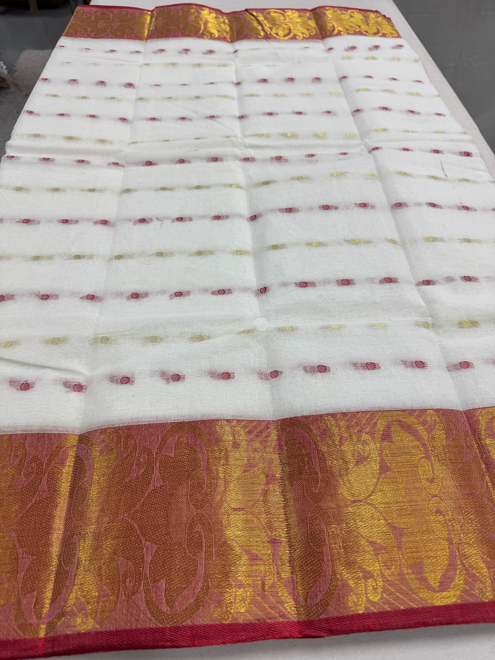Thumbnail: White and red Bengal handloom pure cotton tant saree full view.