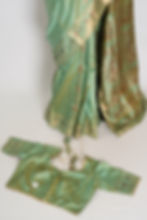 Thumbnail: Front full-length view of the pastel sea green handwoven Swarnachari pure silk saree draped on a mannequin with blouse.