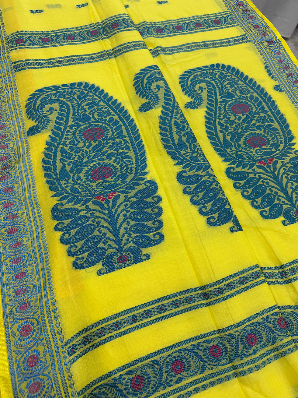 Thumbnail: Bright yellow Bengal handloom pure soft cotton Baluchari saree featuring teal blue paisley motifs on the pallu.