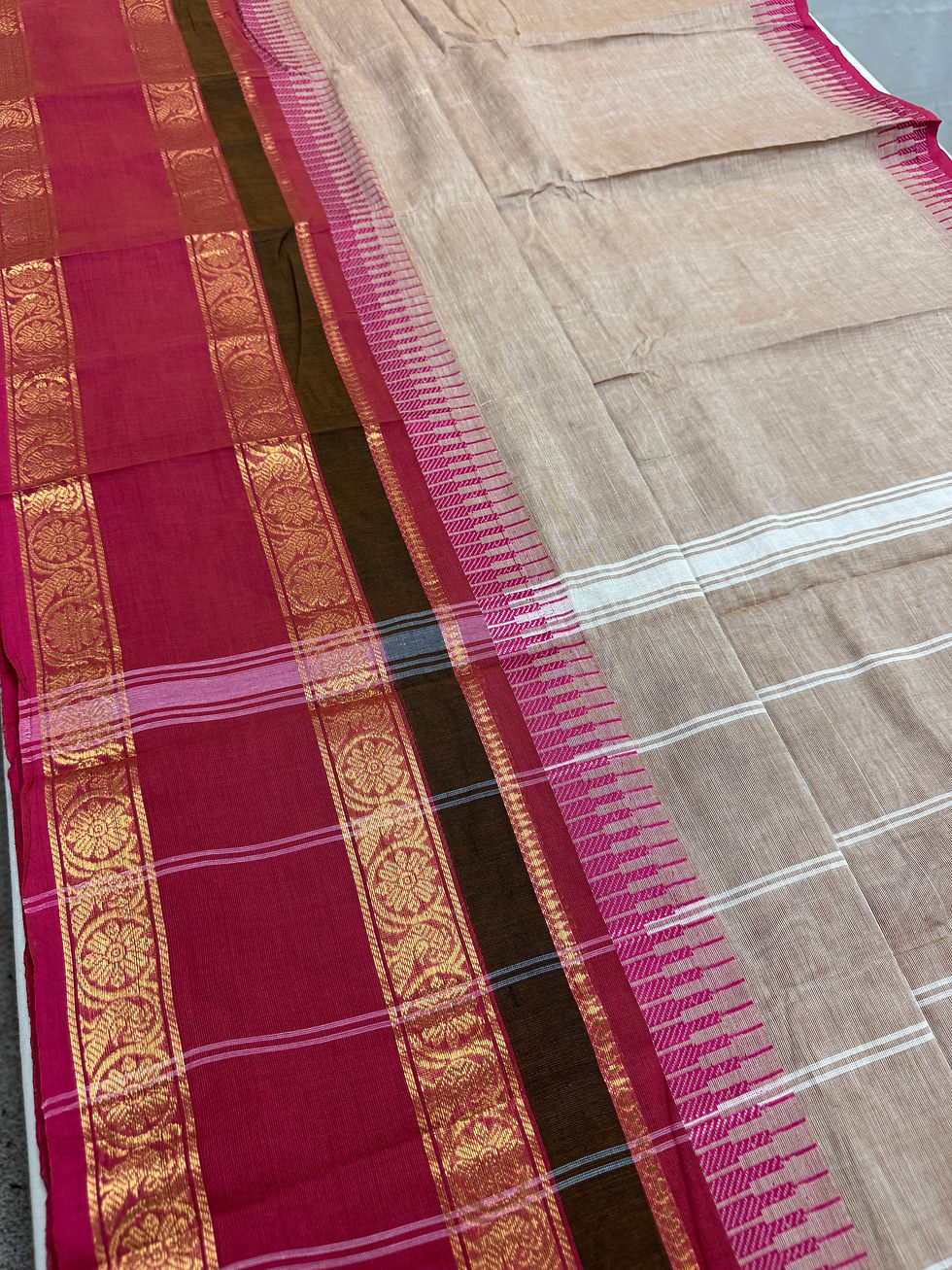 Thumbnail: Avvai : Light Brown Kanchi Cotton Saree - Handwoven South Indian Elegance