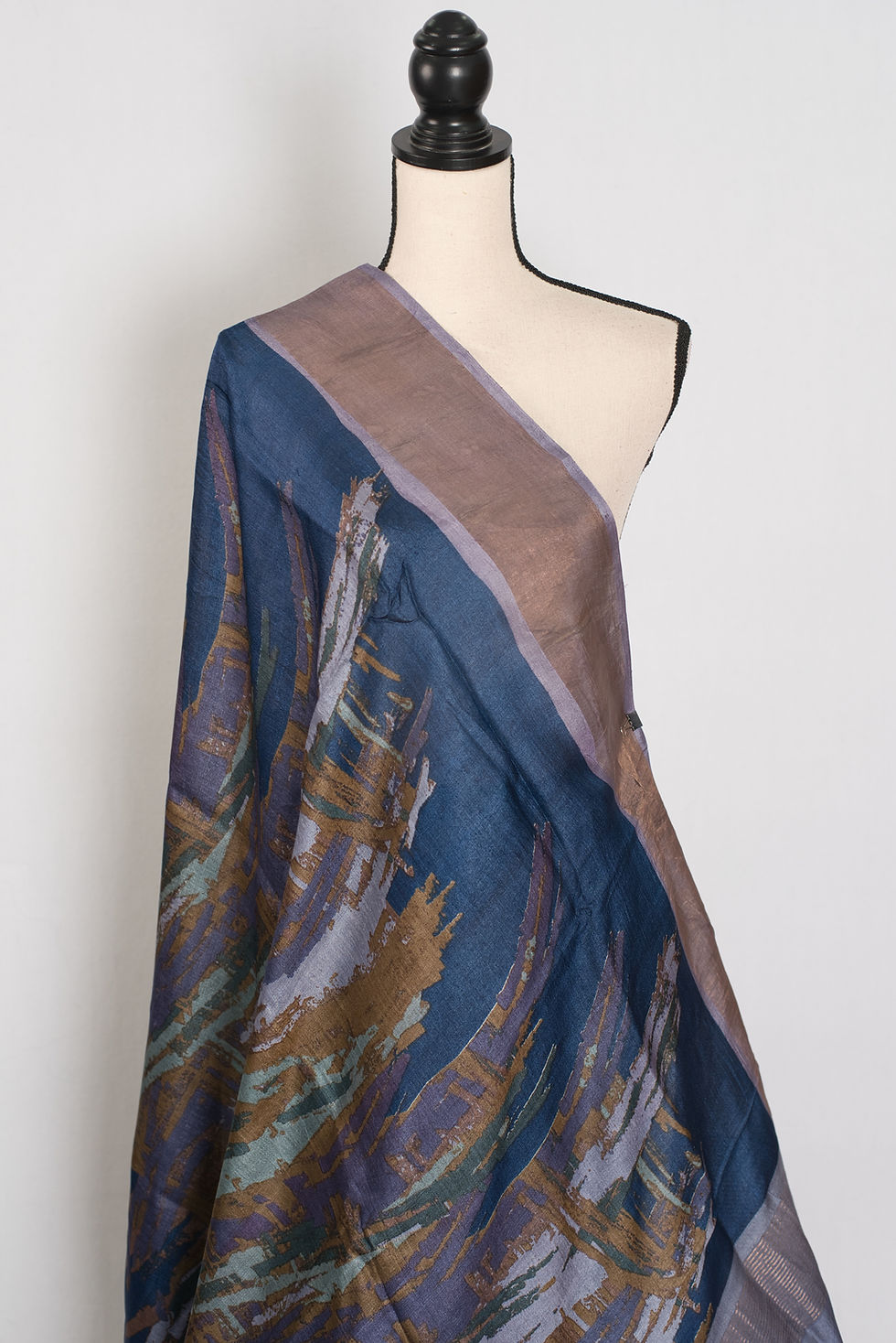 Thumbnail: Silk Mark certified blue and grey pure Tussar silk saree with contemporary graphic abstract prints.