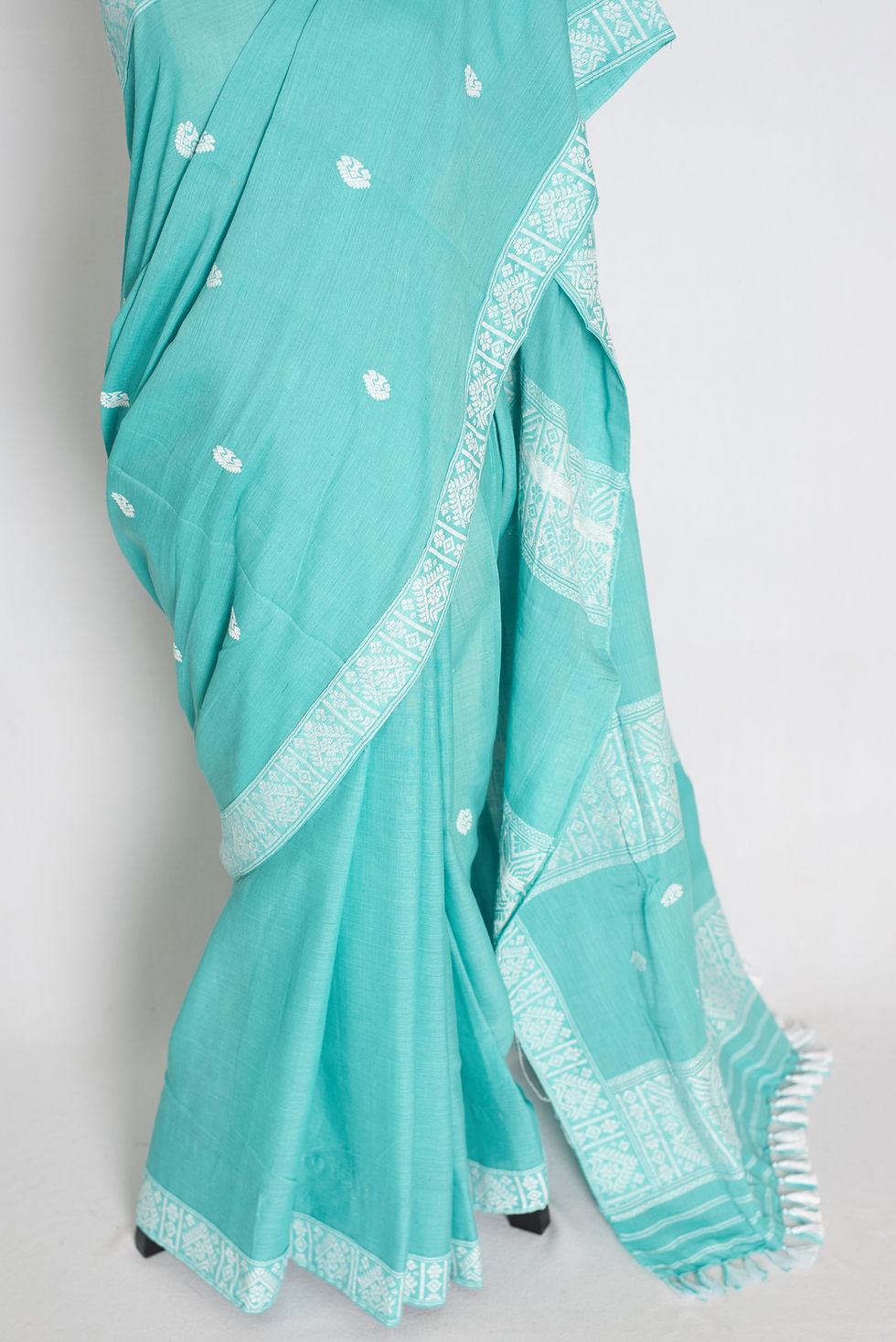 Thumbnail: Sea green and white handloom pure cotton Assamese saree featuring traditional woven white borders.