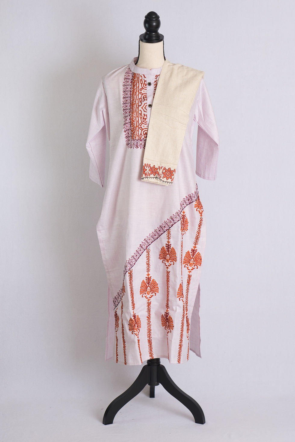Women's Khaddar Cotton Stitchwork Kurta with Straight Pants in Mauve