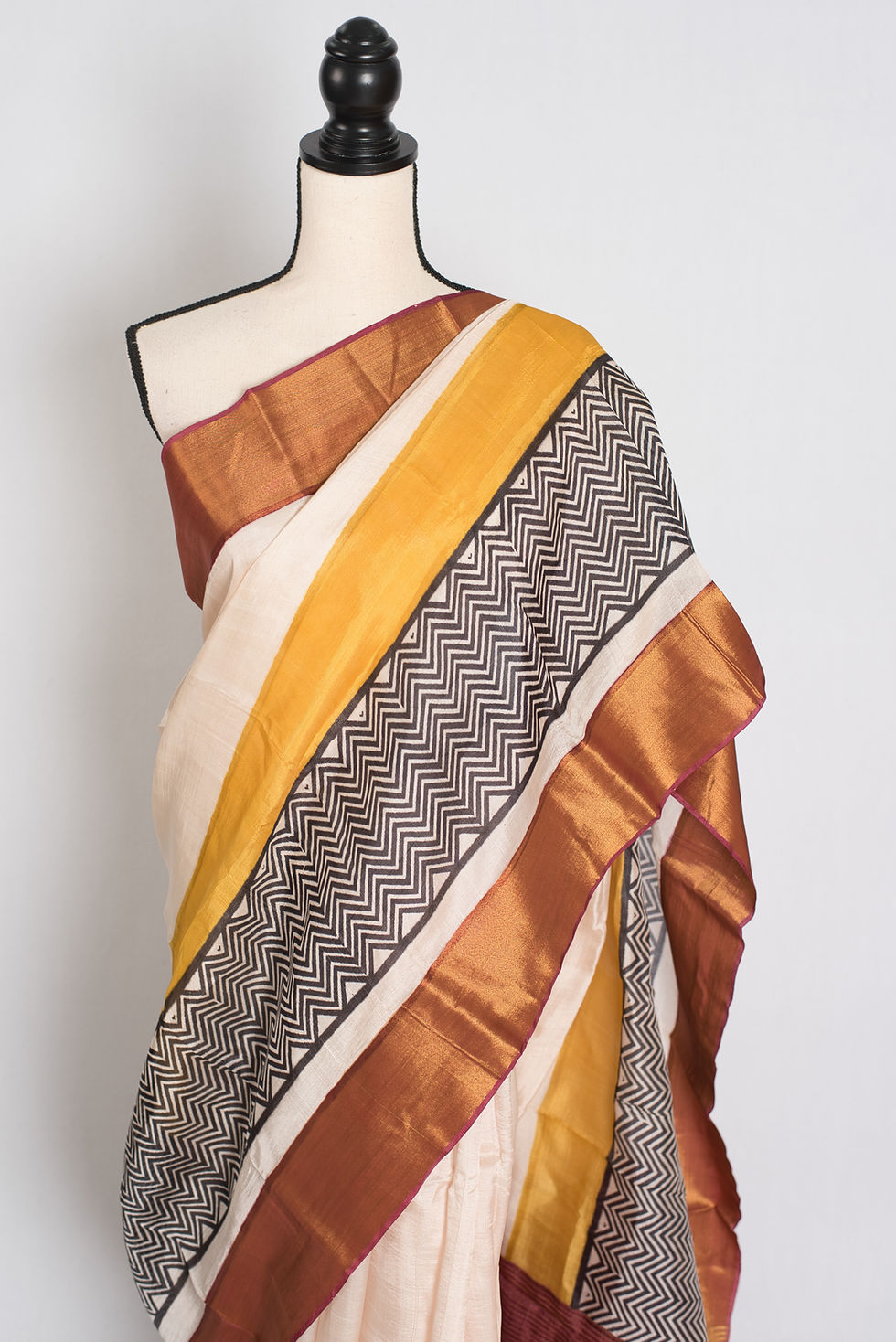 Thumbnail: Subhra : Hand Block Printed Matka by Tussar Silk Saree in Cream and Brown